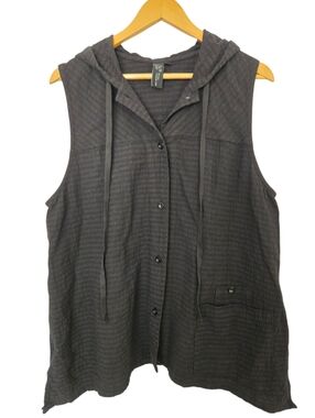 Focus Casual Life Black Hooded Sleeveless Top Large Lightweight Button Front Boh